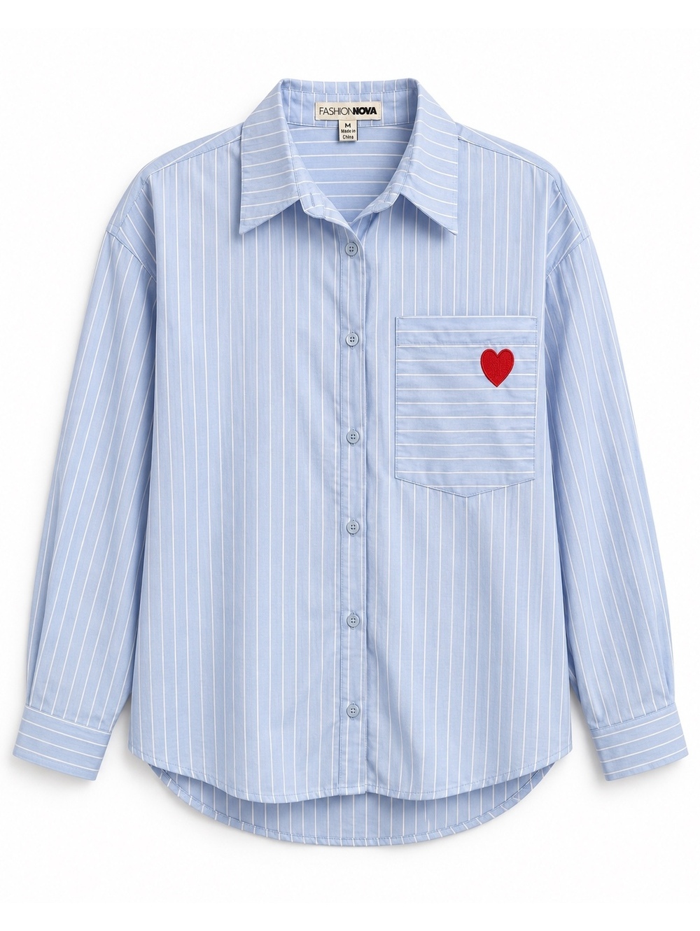 Fashion Nova Find Your Love Striped Shirt Size M Blue White Red Heart NWT